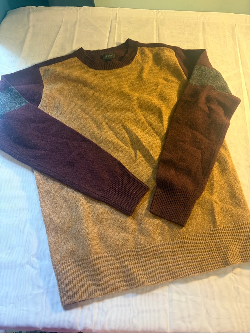 J. Crew Men's Colorblock Crewneck Sweater in Tan, Burgundy, Gray